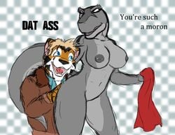 angry anthro big_breasts breasts couple dialogue dinosaur drake_tigerclaw feline female fur furry male navel nipples nude pussy reptile scalie stripes tiger towel