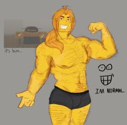 1boy 1male armpit_hair boxers bulge candiedkelp colored colored_sketch flexing flexing_bicep grinning hair_tied hair_tied_back hairy happy_trail happychaoz looking_at_viewer male male_only muscles muscular muscular_male nipples orange_hair pilgrammed ponytail pubic_hair roblox roblox_game robloxian scars shock_marauder_(pilgrammed) sketch smiling yellow_hair yellow_skin