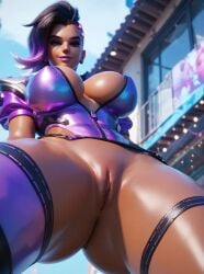 3d ai_generated from_below huge_ass huge_breasts legs_apart overwatch presenting_pussy pussy seductive_look seductive_pose sombra spread_legs