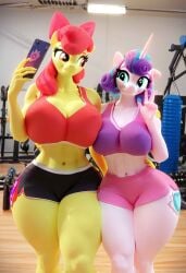 3d ai_generated apple_bloom_(mlp) cutie_mark_crusaders_(mlp) flurry_heart_(mlp) furry_female gym looking_at_camera looking_at_partner my_little_pony selfie tagme trainin_buddies training vhsclop115(artist)