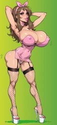 ai_generated big_ass big_breasts bimbo bimbo_body bimbo_lips bimbofication black_straps blue_eyes breasts brown_hair fdpdablizzard998 female female_only fishnets high_heels may_(pokemon) panties paulinebabe pink_bikini_bottom platform_heels white_heels