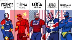 australia_(countryhumans) china_(countryhumans) countryhumans france_(countryhumans) latte_4later male male_focus male_only sharp_teeth sports_uniform sportswear swimsuit swimwear united_kingdom_(countryhumans) united_states_of_america_(countryhumans)