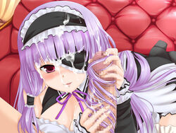 blush breasts censored cleavage cum dream_c_club eye_patch hairjob mari_(dream_c_club) penis purple_hair