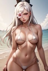 ai_generated beach bikini black_ribbon breasts curvy_female curvy_figure drag-on_dragoon_3 drakengard_3 female female_only flower flower_in_eye long_hair micro_bikini pale-skinned_female pink_eyes ribbon ribbon_in_hair white_bikini white_hair zero_(drag-on_dragoon) zero_(drakengard)