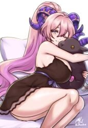 ;) ass babydoll bare_arms bare_legs black_babydoll breasts feet_out_of_frame female fire_emblem fire_emblem_heroes goat goat_horns hair_between_eyes high_ponytail highres holding holding_stuffed_toy horns large_breasts large_horns long_hair lying nerthuz_(fire_emblem) on_side one_eye_closed pillow purple_eyes purple_horns rotomdocs sideboob sleepy smile solo stuffed_animal stuffed_toy thighs very_long_hair