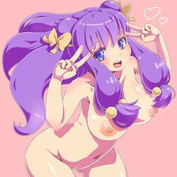 :d blue_eyes bow breasts double_v female hair_bobbles hair_ornament hairbow heart heart-shaped_pupils kntrs_(knyrs) large_breasts long_hair nipples nude open_mouth purple_hair ranma_1/2 shampoo_(ranma_1/2) smile solo symbol-shaped_pupils v