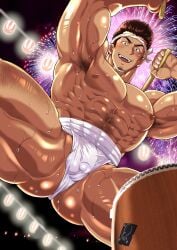 1boy abs armpit_hair armpits arms_up ass_visible_through_thighs balls balls_under_clothes bara beard_stubble beefy biceps big_areola big_breasts blush brown_eyes brown_hair bubble_butt bulge bulge_through_clothing chabashira_tatsukichi daddy dilf drumsticks eight_pack erect_nipples festival fireworks from_below frown fundoshi fundoshi_only genital_outline hachimaki headband hi_res holding_object hunk lantern laugh leg_hair looking_at_viewer male male_breasts male_only manly mature_male muscles muscular muscular_arms muscular_ass muscular_legs muscular_male muscular_thighs night oppai original original_character outdoors pecs quadriceps realistic_background rokushaku_fundoshi sarashi sharp_teeth short_hair six_pack slicked_back_hair solo spread_legs standing sweat sweatdrop sweating sweaty taiko thick_arms thick_eyebrows thick_neck thick_thighs topless tough_guy triceps v-shaped_eyebrows very_high_resolution white_fundoshi