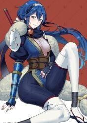 1girls ameno_(a_meno0) blue_eyes blue_hair cleavage fire_emblem fire_emblem_awakening fire_emblem_heroes fishnets hairband looking_at_viewer lucina_(fire_emblem) ninja nintendo see-through see-through_clothing small_breasts thick_thighs thighs