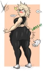 1girls ass_slap blonde_hair breasts clothing crop_top dialogue disembodied_hand female female_focus leggings milf mitsuki_bakugou mother my_hero_academia png red_eyes rippling_ass shoes sixpathoffriendship slapping_ass spanking spanking_ass sweat sweaty_body text thick_thighs wide_hips workout_clothes