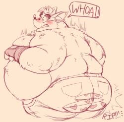 1boy 2020s 2022 activision anthro ass bandicoot big_ass blush boxers bubble_butt butt chubby clothing crash_(series) crash_bandicoot fingerless_gloves fur gloves heart_boxers heart_underwear hi_res male male_only monochrome morbidly_obese morbidly_obese_male no_color obese obese_anthro obese_male overweight overweight_male ripped_clothing ripped_pants ripped_shorts smolsnuff solo ssbhm tagme text torn_clothes torn_shorts underwear video_games weight_gain wiishyishii woah