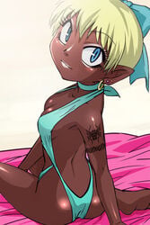 blonde_hair blue_eyes blush breasts cat_girl cleavage dark_skin earrings female ganguro gegege_no_kitarou hair_ribbon haruyama humanoid jewelry nekomusume photoshop pointed_ears short_hair sling_bikini swimsuit tattoo yokai