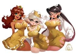 3girls breasts brown_hair callie_(splatoon) cleavage crown dress earrings gloves gold_dress green_eyes inkling inkling_girl large_breasts little_blood long_hair looking_at_viewer marie_(splatoon) mario_(series) mole mole_under_eye nintendo one_eye_closed open_mouth pointy_ears princess_daisy short_hair simple_background splatoon squid_sisters tentacle tentacle_hair tongue two_tone_hair white_background white_gloves wink winking_at_viewer