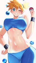 asymmetrical_hair bikini blue_eyes blush bra breasts cleavage creatures_(company) female female_focus game_freak gen_1_pokemon grin gym_leader hand_on_own_hip haska_(user_gure4787) holding holding_poke_ball kasumi_(pokemon) large_breasts looking_at_viewer midriff navel nintendo one_eye_closed orange_hair poke_ball poke_ball_(basic) pokemon pokemon_(anime) pokemon_(classic_anime) pokemon_frlg pokemon_rgby ponytail short_hair side_ponytail smile solo sports_bra standing stomach sweat swimsuit thick_thighs thighs underwear wet wink wristband