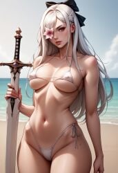 ai_generated beach bikini black_ribbon breasts curvy_female curvy_figure drag-on_dragoon_3 drakengard_3 female female_only flower flower_in_eye long_hair micro_bikini pale-skinned_female pink_eyes ribbon ribbon_in_hair sword white_bikini white_hair zero_(drag-on_dragoon) zero_(drakengard)