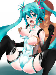 aqua_eyes aqua_hair blush breast_grab breasts elbow_gloves gloves hatsune_miku headphones labia long_hair nipples open_mouth orebelt pussy sitting spread_legs thighhighs tied_hair twintails very_long_hair vocaloid wink