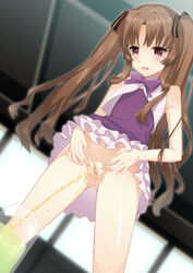 ano_natsu_de_matteru blush bottomless brown_eyes brown_hair censored dress dress_lift hair_ribbon jar long_hair peeing pussy ribbon solo spread_pussy standing udk yamano_remon