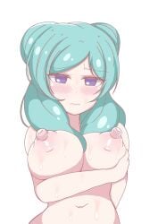 1girls beta_(inazuma_eleven) blush breasts domidori female green_hair hair_bun inazuma_eleven inazuma_eleven_go inazuma_eleven_go_chrono_stone nude nude_female purple_eyes short_hair solo solo_female sweat