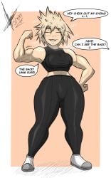 1girls biceps blonde_hair breasts clothing crop_top dialogue female flexing flexing_bicep leggings milf mitsuki_bakugou mother my_hero_academia png red_eyes shoes sixpathoffriendship sweat sweaty_body text thick_thighs toned toned_female wide_hips workout_clothes