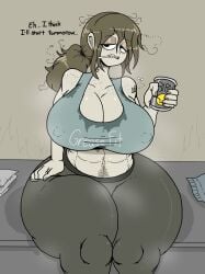 barcode_tattoo breasts cleavage english_text erect_nipples_under_clothes female flies_for_smell freckles grease_(poopishness) green_hair green_skin huge_breasts huge_thighs messy_hair neet ponytail poopishness pubic_hair_peek sharp_teeth slob smelly sweat sweatpants sweaty_body treasure_trail visible_stench