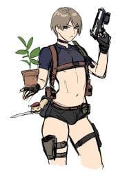 1boy 1femboy beret bulge bulge_through_clothing femboy fingerless_gloves garter_belt gun knife leon_scott_kennedy mokotoko9 potted_plant resident_evil short_hair shorts slim_waist snake twink