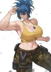 1girls bakaatako batako big_breasts blue_eyes blue_hair breasts busty clothed curvaceous curvy earrings female huge_breasts king_of_fighters leona_heidern light-skinned_female light_skin long_hair military military_clothing military_uniform pale-skinned_female pale_skin pants ponytail tank_top thick thick_thighs thighs tied_hair tummy voluptuous voluptuous_female white_skin wide_hips