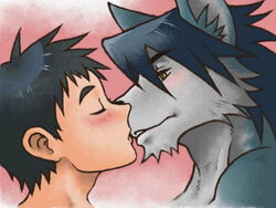 blush canine closed_eyes couple gay hiroyuki_(morenatsu) human interspecies kissing kouya_aotsuki male morenatsu shiroko wolf