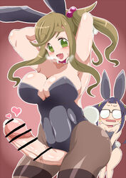 1futa 1girls bare_shoulders big_breasts black_hair blonde_hair blush bunnygirl busty censored chibi cleavage duo erection eyelashes fake_animal_ears fake_tail female front_view futanari glasses green_eyes heart hourglass_figure huge_cock human intersex inuyama_aoi leotard long_hair looking_at_viewer oogaki_chiaki open_mouth pantyhose pose posing precum shiny shiny_skin shirakai simple_background standing steam sweat thong tied_hair vein veins veiny veiny_penis voluptuous wide_hips yellow_hair yurucamp