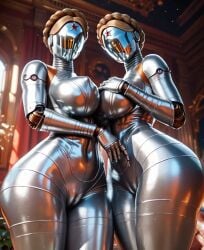 2girls 3d ai_generated atomic_heart big_ass big_breasts cameltoe robot_girl the_twins_(atomic_heart) thick_thighs