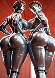 2girls 3d ai_generated atomic_heart from_below huge_ass huge_breasts looking_back robot robot_girl seductive the_twins_(atomic_heart)