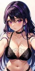 1girls ai_generated black_hair bra earrings hi_res huge_breasts kurosaki_ruri looking_at_viewer lulu_obsidian navel purple_hair red_eyes serious solo underwear white_background x24x yu-gi-oh! yu-gi-oh!_arc-v