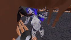 blue_hair breasts bucket cowboy_hat handjob horse horsecock robot_girl robot_joints runa runa_(vrchat) zoophilia