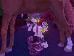 breasts bucket cowboy_hat cum_drip handjob horse horsecock robot_girl robot_joints runa runa_(vrchat) yellow_hair zoophilia