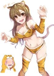 anzu ass blush breasts d4dj hoodie inuyose_shinobu japanese_text no_eyes oerba_yun_fang pajamas revealing_clothes tiger_ears tiger_print tiger_tail yamate_kyouko