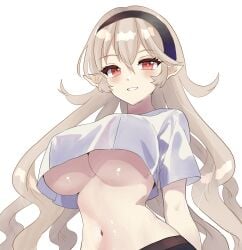 blush corrin_(fire_emblem) corrin_(fire_emblem)_(female) elf_ears female fire_emblem fire_emblem_fates hairband large_breasts n_54 red_eyes smile tagme_(artist) thin_fabric underboob white_hair