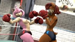 2023 2girls 3d amy_rose anthro archie_comics ass athletic_wear big_butt blue_eyes bottomwear boxing boxing_gloves boxing_ring breasts brick_wall brown_body brown_ears brown_fur brown_hair brown_tail closed_eyes clothed clothing digital_media_(artwork) duo eulipotyphlan female fighting_ring fur gloves gym gym_bottomwear gym_shorts hair handwear hedgehog hi_res indoors mammal mostly_nude multicolored_body multicolored_ears multicolored_fur multicolored_tail nipples open_mouth pink_body pink_fur pink_hair red_boxing_gloves red_gloves rodent sally_acorn sciurid sega shorts silvarus small_breasts sonic_(series) sonic_the_hedgehog_(archie) sonic_the_hedgehog_(comics) sonic_the_hedgehog_(series) sport tail tan_body tan_fur tan_inner_ear tan_tail text topless topless_boxing tree_squirrel wall_(structure) warfare_amy warfare_machine warfare_sally