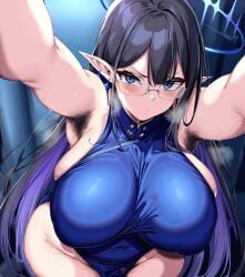 1girls ai_generated big_breasts blue_archive blue_eyes blue_hair breasts elf_ears enormous_breasts female female_focus female_only glasses huge_breasts lactation large_breasts light-skinned_female plump pointy_ears rin_(blue_archive) thick_thighs thighs