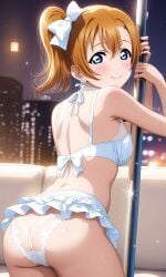 1girls ass bad_anatomy blue_eyes holding_pole kindergarten kousaka_honoka looking_at_viewer looking_back love_live! love_live!_school_idol_project miniskirt orange_hair schoolgirl see-through_panties sexually_suggestive solo solo_female solo_focus stripper_pole upskirt white_bra white_panties