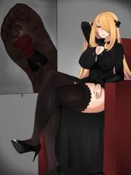 big_breasts blonde_female cynthia_(pokemon) female_domination femdom footwear giantess high_heels nintendo pokemon stockings submissive_male tiny tiny_male