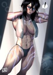 ! 1girls abs areola_slip black_hair black_panties blue_eyes character_request commission copyright_request hi_res looking_at_viewer muscular muscular_female panties phoebus_art solo thick_thighs underwear watermark