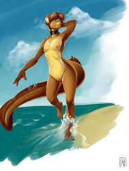 2012 anthro beach beige_fur black_nose breasts brown_eyes brown_fur brown_hair choker closed_mouth color exposed_breasts female female_only fin front_view fur furry furry_breasts furry_ears hair hybrid jonas-pride mammal mikhaila mustelid nude open_eyes otter painterly pussy round_ears running scar short_hair small_breasts solo tail water