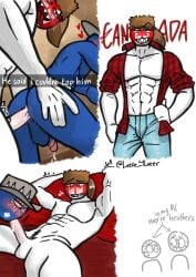 2boys abs australia_(countryhumans) blush blush_lines brothers canada_(countryhumans) countryhumans gay incest jeans latte_4later male male/male male_only precum