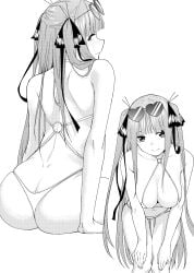 ass back back_view bare_arms bare_back bare_belly bare_legs bare_shoulders bare_thighs belly_button bent_over big_breasts bikini black_and_white blush breasts breasts_squeezed_together butt_crack cleavage closed_mouth collarbone go-toubun_no_hanayome hair_ribbon hands_on_own_knees knees_together_feet_apart kosmos_beta long_hair looking_back nakano_nino o-ring_bikini seductive_smile shoulder_blades sitting smile sunglasses_on_head thigh_gap thighs thong_bikini