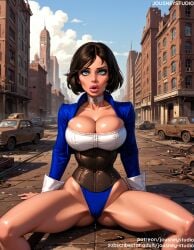 adapted_costume ai_generated arm_support bangs bioshock bioshock_infinite black_hair blue_eyes blue_jacket blue_leotard blue_sky bob_cut breasts brown_hair building cameltoe car choker city cityscape cleavage clothing cloud cloudy_sky corset day elizabeth elizabeth_(bioshock_infinite) elizabeth_comstock eyeshadow female female female_only ground_vehicle highleg highleg_leotard jacket jewelry jousneystudio large_breasts leotard lips lipstick long_sleeves looking_at_viewer makeup motor_vehicle outdoors parted_lips red_lips road short_hair sitting skindentation sky solo spread_legs thick_thighs thighs underbust underwear vehicle