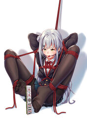 arms_behind_head ball_gag black_legwear bondage bound bound_arms bound_legs clothed feet female femsub gag gagged grey_hair highres long_hair mahjong_soul no_shoes pantyhose red_ball_gag red_rope restrained rope rope_bondage silver_hair soles solo spread_legs tied tied_up toes very_long_hair white_hair yagi_yui yellow_eyes yiduan_zhu