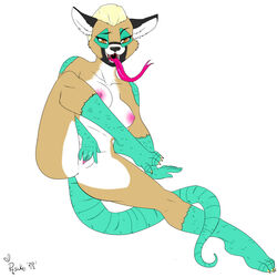 2012 anthro big_breasts breasts canine female fur furry hair hybrid looking_at_viewer masturbation mohawk nipples nude phsuke presenting pussy reptile scalie smile spreading tail tongue wolf