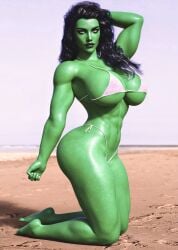 1girls 3d 4tease7en ass beach big_breasts bikini breasts female green_skin huge_breasts marvel muscular muscular_female she-hulk solo