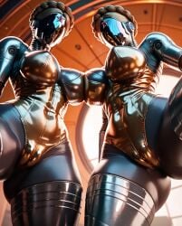 2girls 3d ai_generated atomic_heart big_ass big_breasts cameltoe legs_apart robot_girl the_twins_(atomic_heart)