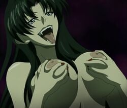 1girls black_hair breast_grab breasts fangs female high_school_dxd large_breasts long_hair monster_girl nipples open_mouth pointy_chin purple_background red_nails saliva screencap screenshot sharp_teeth smile solo tnk_(company) tongue tongue_out vampire viser_(high_school_dxd)