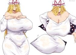 1girls artist_name ass big_ass big_breasts blonde_hair breasts breasts_bigger_than_head cleavage clothed_female cosplay female female_only gap_(touhou) hair_over_one_eye hat huge_ass huge_breasts large_ass large_breasts light-skinned_female long_hair omikami solo solo_female the_ring touhou watermark white_background yamamura_sadako_(cosplay) yellow_eyes yukari_yakumo