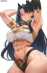 abs armlet armpit arms_behind_head arms_up bare_shoulders blonde_hair blue_hair blush cromwellb fate/grand_order fate_(series) ishtar_(fate) jewelry large_breasts long_hair muscular_female navel red_eyes simple_background stomach sweat sweaty_body thick_thighs